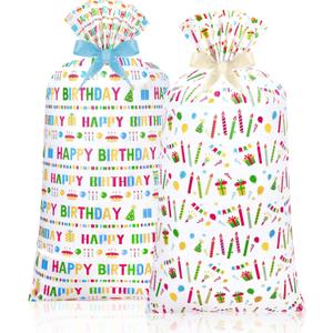 Teling 2 Pcs 70"x 40" Extra Large Jumbo Gift Bag for Wrapping Giant Gifts,Big Plastic Present Bag with 2 Rolls Ribbons for Birthday Party (Novelty Style)