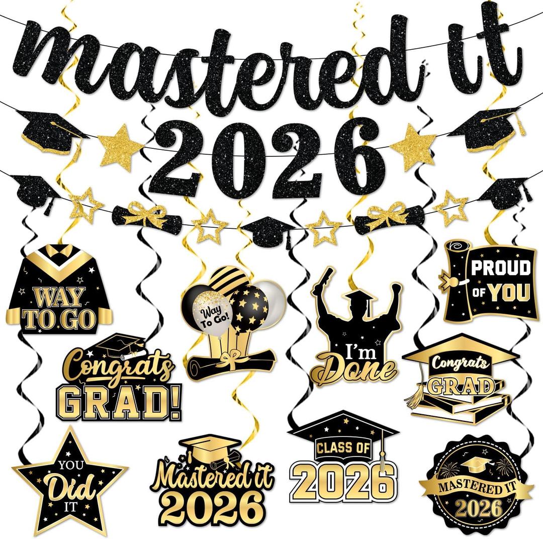 Black and Gold Masters Graduation Decorations 2026, Mastered It 2026 Banner and Congrats Grad Hanging Swirls Decorations, Class of 2026 Hanging Swirls for High School Graduation Party Supplies