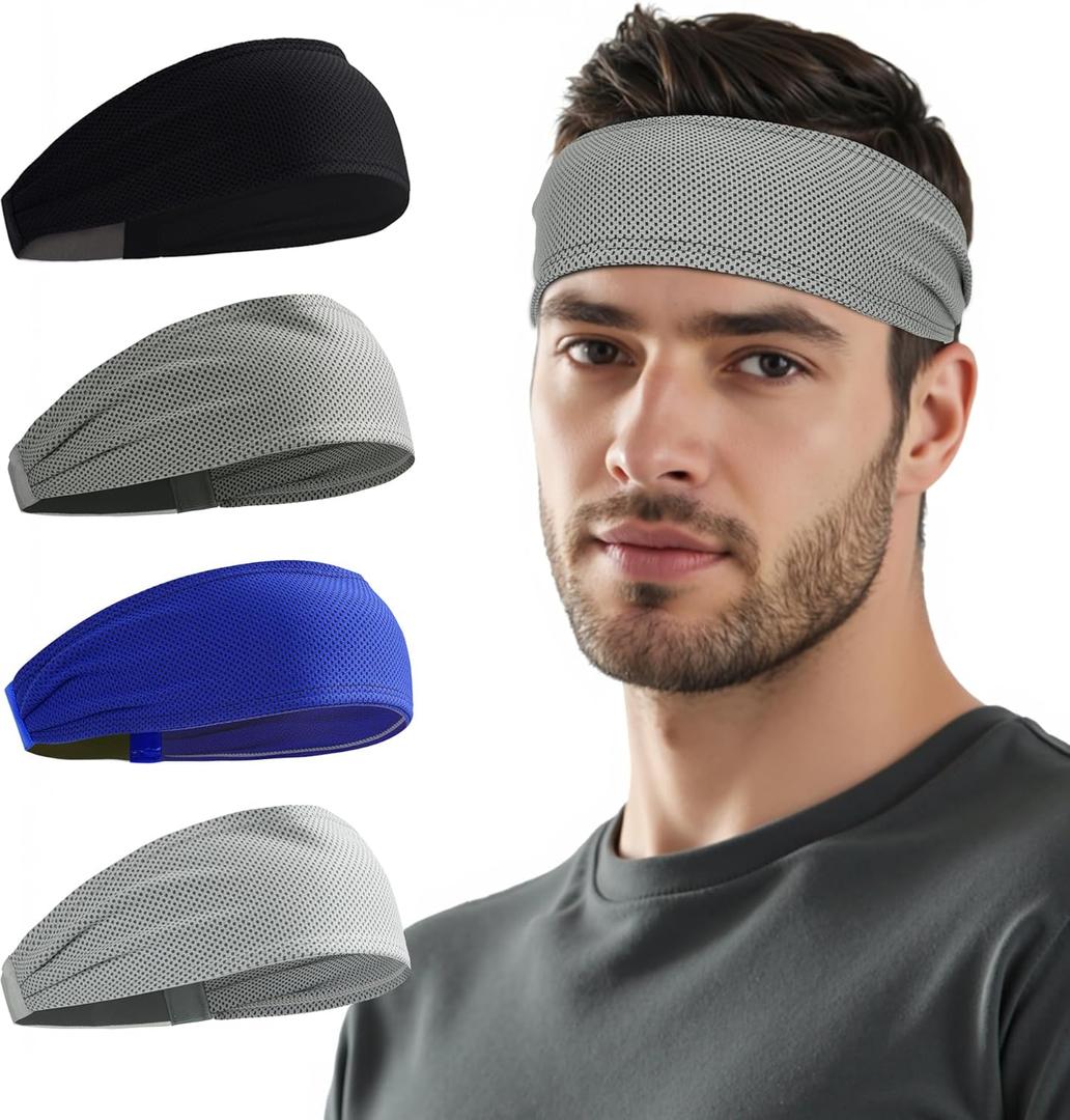 Sukeen Cooling Sports Headbands for Men: Instant Cooling Moisture Wicking Sweatbands Non-Slip, Quick-Dry Elastic Fabric Mens Headband for Gym Running Tennis Training Workout (Black/Dark Gray/Royal Blue/Gray)