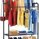 Laundry Drying Rack Clothes Drying Rack, Bedroom Coat Rack with Shoe Rack, Adjustable Retractable Laundry Rack Stand with Hidden Wheels/Black Double Layer