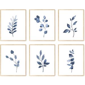 Navy Blue Botanical Art Set of 6, Minimalist Abstract Prints Watercolor Blue White Leaf Plant Wall Decor Canvas Painting, Boho Floral Wall Decor for Bedroom, Living