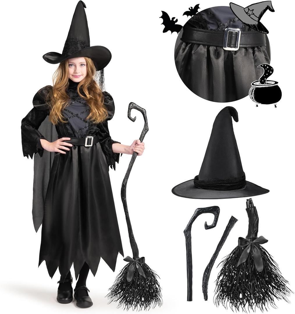 Spooktacular Creations Girls Black Witch Costume, Kids Halloween Outfit with Broom, Toddler Witch Dress for Halloween Parties (Medium (8-10yr))
