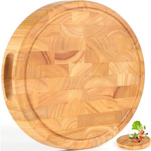 Extra Large & Thick Wood Cutting Board 13 x 13 x1.5 Inch, End Grain Built-In Compartment and Juice Canal, Heavy Duty Chopping Board, Thick Carving Board for Bread Fruits (Round: 13 x 13 x 1.5 inch)