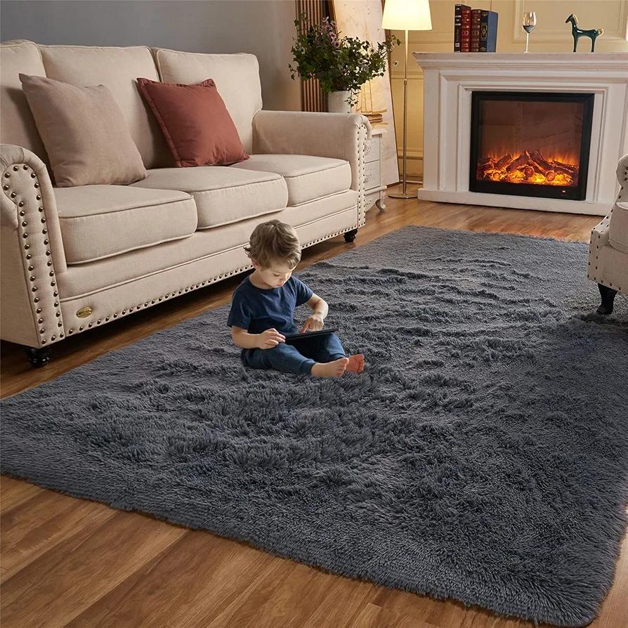Arbosofe Rugs for Living Room, Area Rug for Bedroom, 4 x 6 Clearance Dark Grey Nursery Room Rug, Large Throw for Playroom Room- Soft, Fluffy, Shaggy Carpets for Kids Room Girls