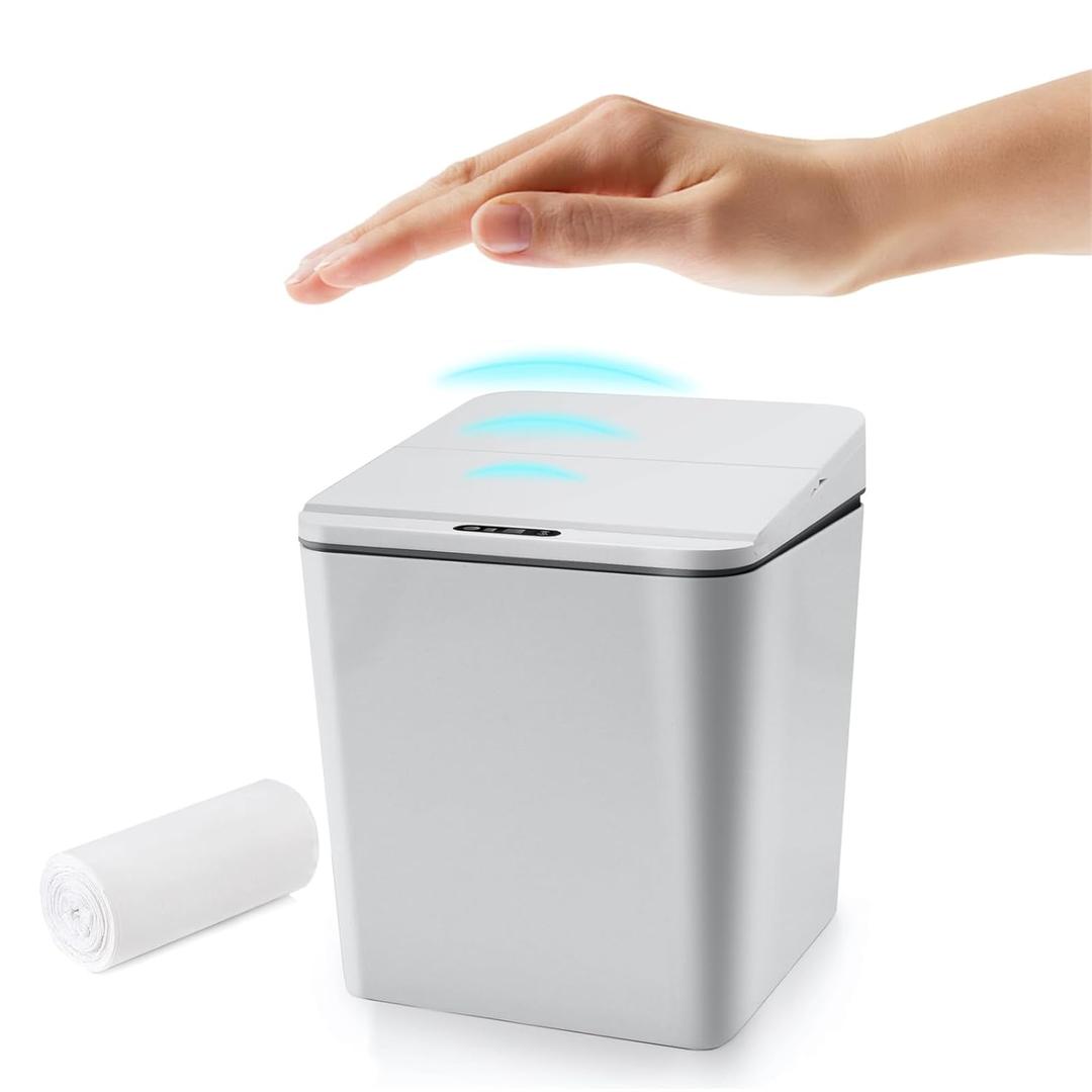 Automatic Small Countertop Trash Can with Lid, 1.5 Gal/6L Toucheless Mini Waste Bin for Office Desk/Bedside Table/Coffee Bar -Batteries, Grey