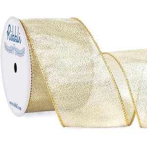 Ribbli Metallic Champagne Gold Wired Ribbon,2-1/2 Inch x Continuous 10 Yard, Deluxe Champagne Glitter, Christmas Ribbon for Crafts,Wreaths,Big Bow,Gift Wrapping, Christmas Tree Decoration