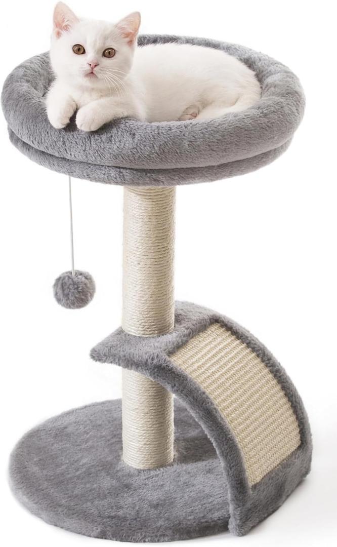 Goozii Small Cat Tree Tower with Scratching Post, Modern Kitten Tower for Indoor Cats, Short Carpet Sisal Cat Scratcher Stand with Large Bed Perch, Scratch Ramp, Toy Ball for Kitty Play (Grey)