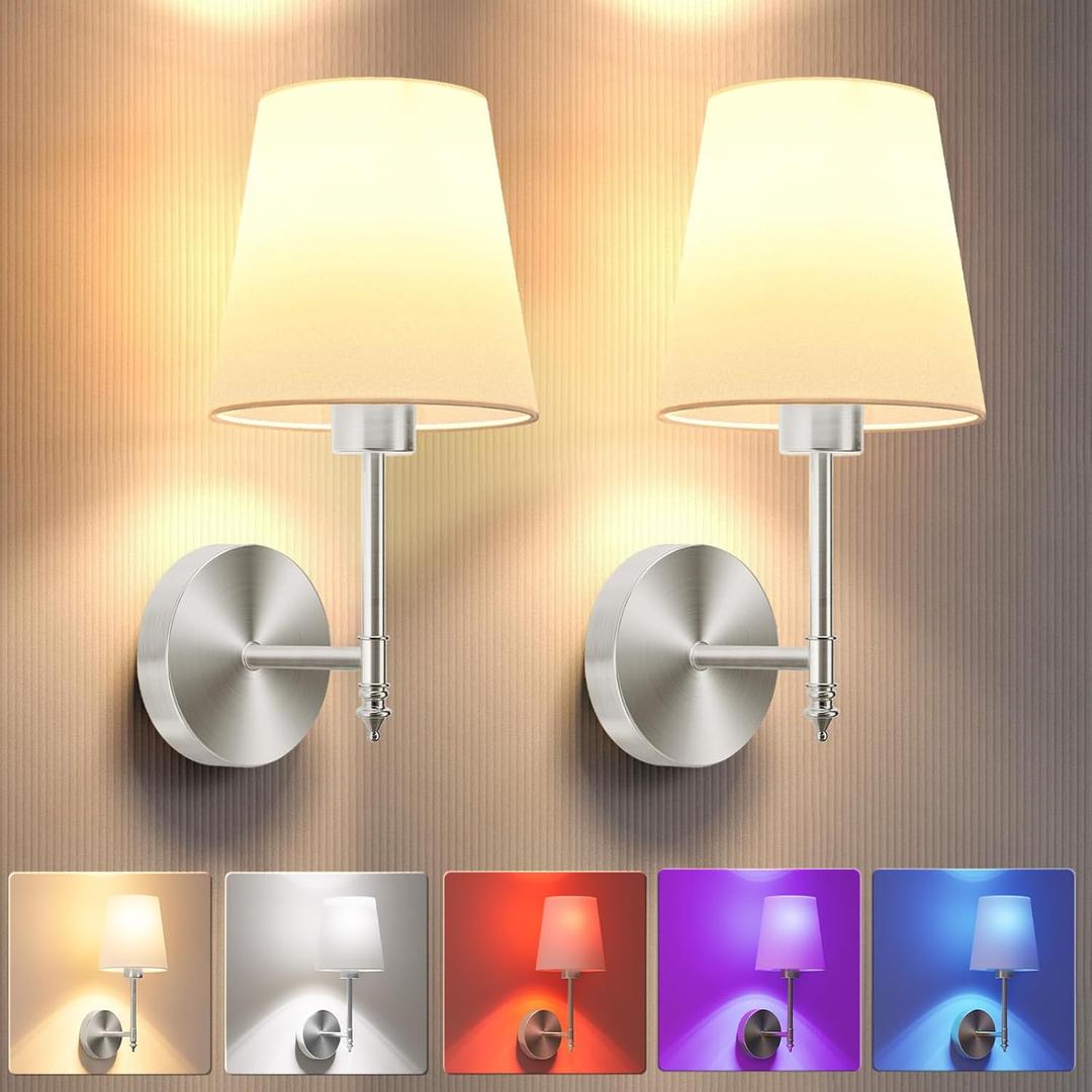 JOFIOS Battery Operated Wall Sconce Set of 2,Silver Wireless Wall Sconce with 5200mAh Dimmable Detachable Bulbs and Remote, 10 Colors Rechargeable Sconces Decor for Bedroom Living Room Hallway (14.5 inch)