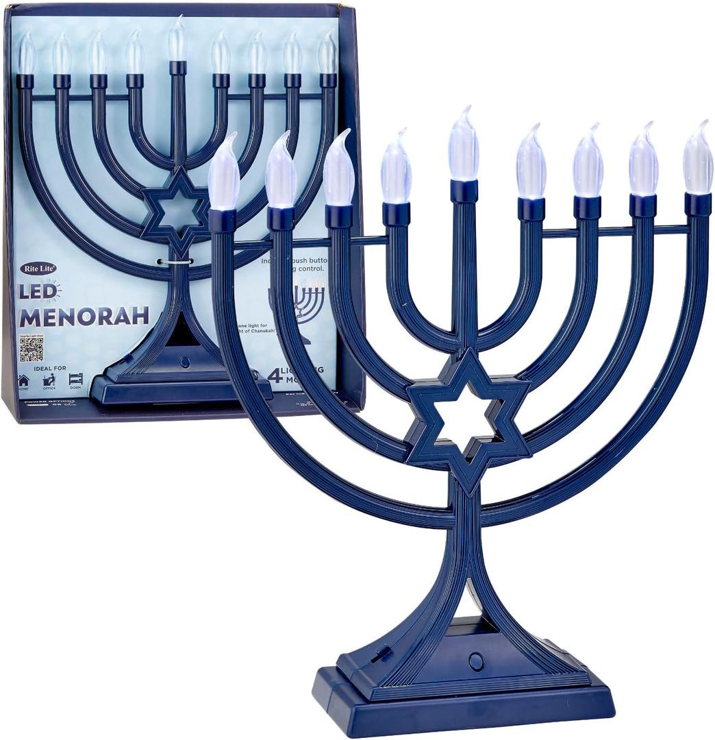 LED Electric Blue Hanukkah Menorah with Special Effects - Battery/USB Powered, Star of David, 4 Lighting/Blinking Modes, Large LED Bulbs, Chanukah Traditional Electric Menorahs - Navy Blue (Navy Blue Clear Bulbs)