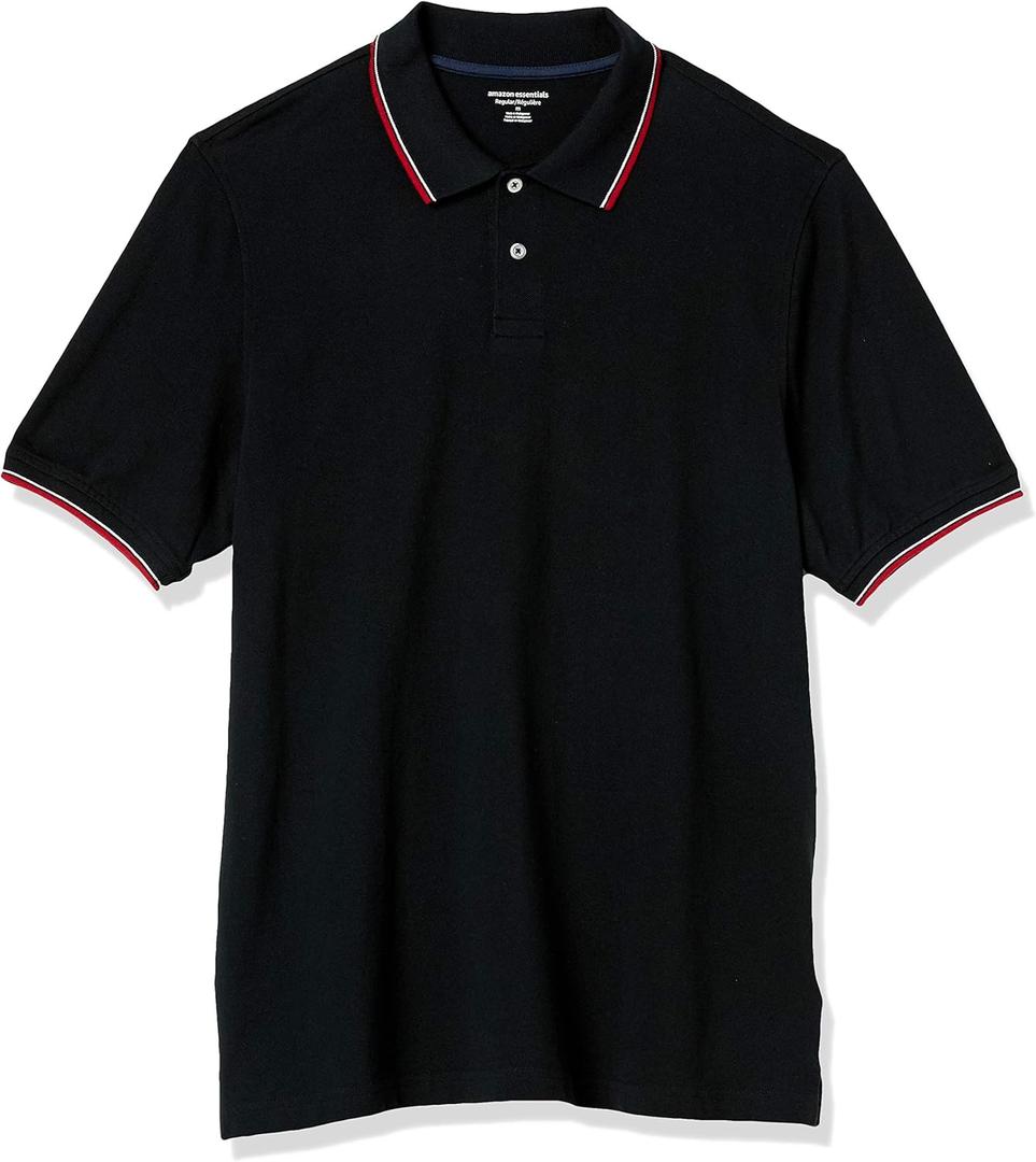 Amazon Essentials Men's Regular-Fit Cotton Pique Polo Shirt  (Large, Black Red White Thin Stripe)