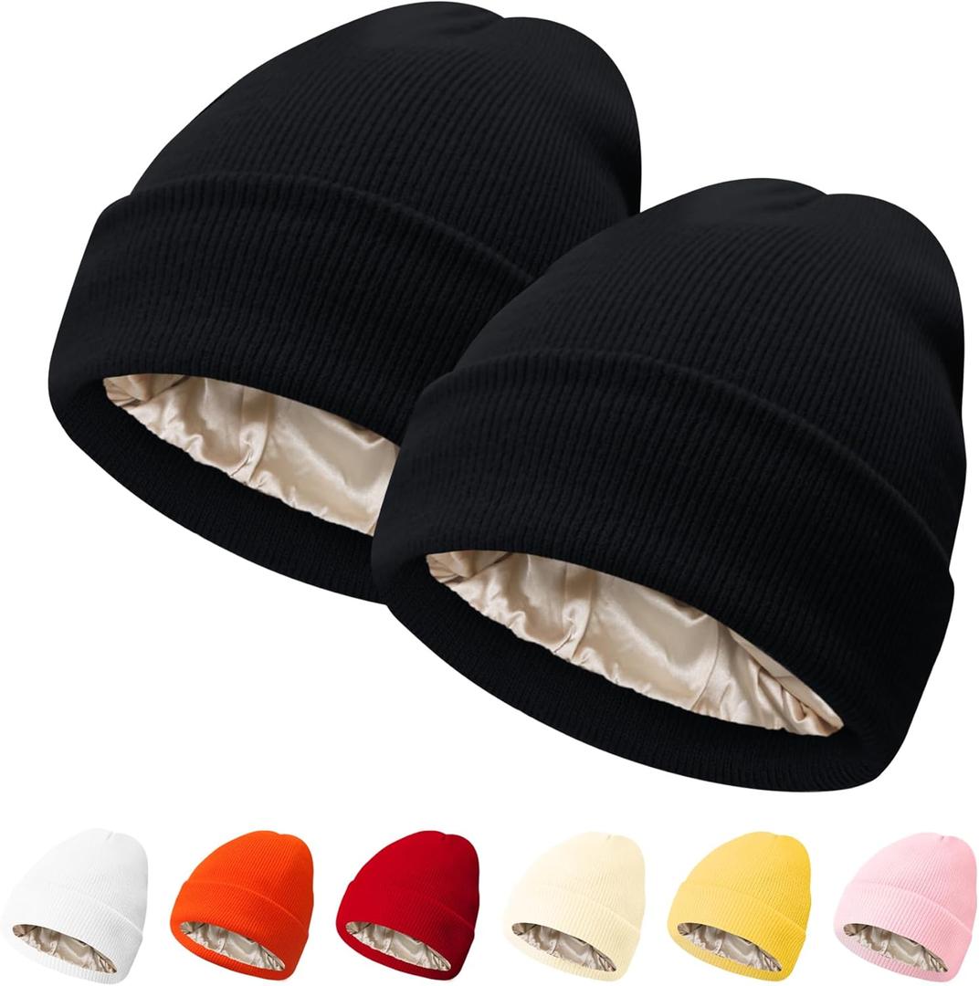 PFFY 2 Packs Womens Satin Lined Beanie Hat Silk Lining Winter Hats Beanies for Women Soft Slouchy Beanie Skull Cap (One Size, Black+Black)