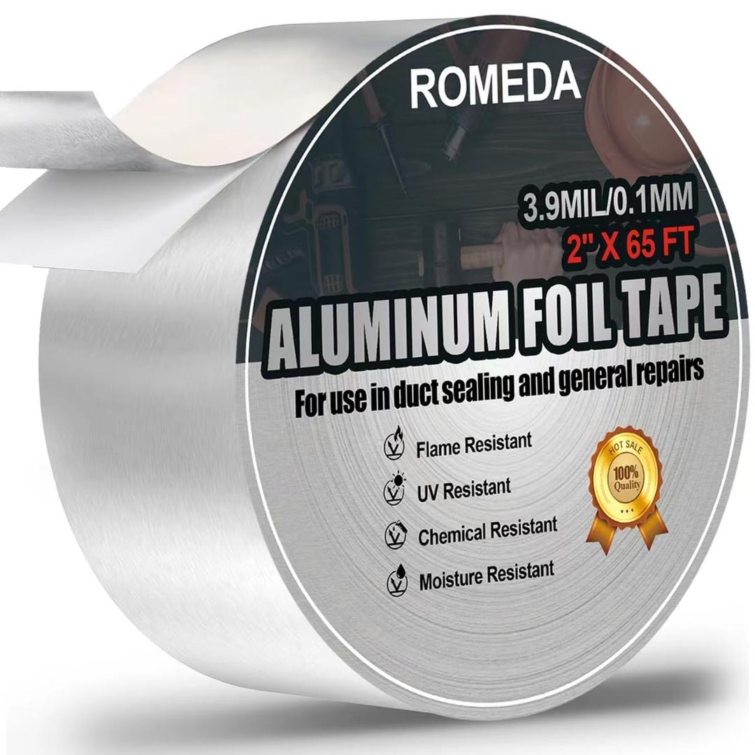 Romeda Aluminum Foil Tape, 2 inch x 65 Feet Foil Tape (3.9 mil), Silver Insulation Adhesive Metal Tape, High Temperature Heavy Duty HVAC Tapes for Ductwork, Dryer Vent, HVAC