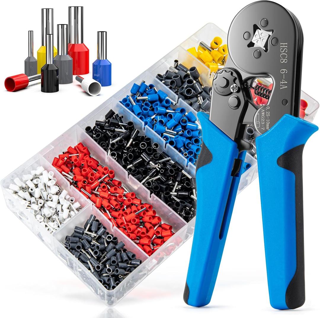 Ferrule Crimping Tool Kit, LUNEY Crimper Plier with 1250PCS Wire Ferrules Kit Wire End Terminals, Self-adjustable Ratchet Tool Set for AWG 23-7 Cable connectors, 0.25-10mm