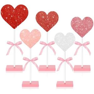 Novabright 5 Pcs Valentine's Day Table Decor Wooden Heart Pink Red White Heart Tall Standing Centerpiece Tiered Tray Romantic Decoration for Valentines Home Desk(Glittery)