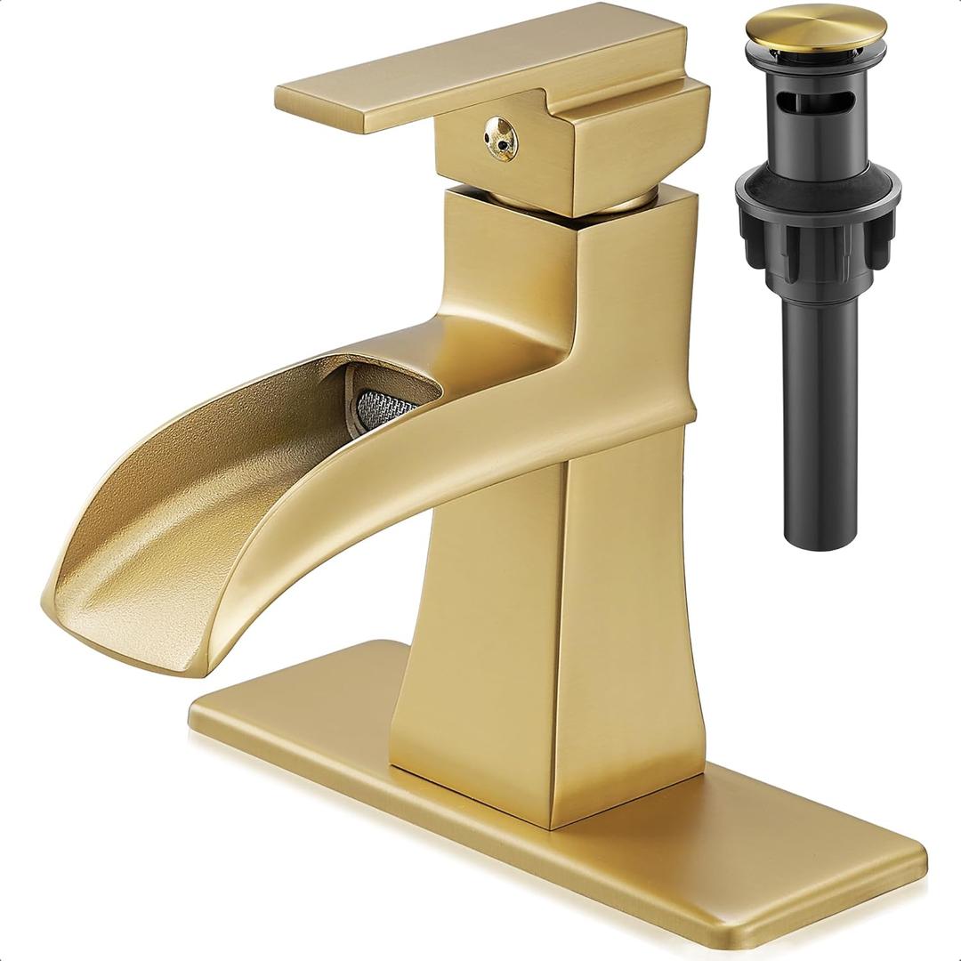 Brass Waterfall Faucet, Brushed Gold Bathroom Faucet, Single Handle for One Hole or 3 Holes 4 Inch with Pop-Up Drain, Pre-Installed Supply Hoses and Deck Plate for Vanity RV Farmhouse Modern