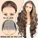 SOKU 13x6 Lace Frontal Wig Highlighted 32 Inch Body Wave Pre Plucked Babyhair Transparent HD Lace Heat Friendly Highlights Brown Bouncy Synthetic Hair