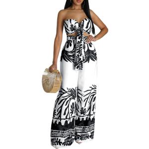 Casual Two Piece Sets for Women Elegant Off The Shoulder Tube Top Long Straight Pants Vacation Outfits Beach (XX-Large, Black/White)