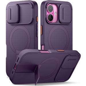 SURITCH for iPhone 16 Case with Magnetic Camera Slide Cover and Adjustable Kickstand, Compatible with MagSafe, Shockproof Bumper Case Slim Protective Cover 6.1 Inch, Dark Purple