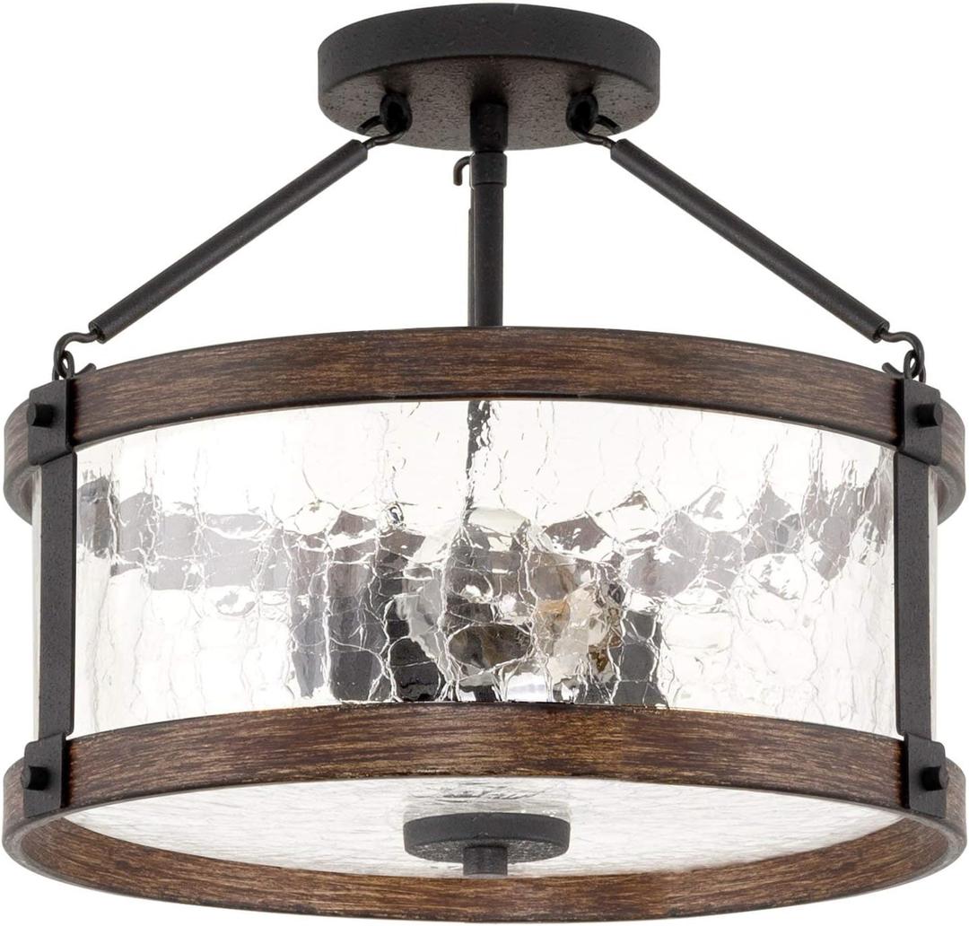 Kira Home Hadley 14" 3-Light Modern Farmhouse Semi-Flush Mount/Hall Light Ceiling Fixture + Crackled Glass Shade, Textured Black + Wood Style Walnut Finish