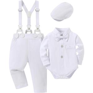 Baby Boy Clothes Suits 24M Infant Gentleman Outfit Long Sleeve Dress Shirt+Suspender Pants+Bowtie+Beret Wedding Set, Size 24M