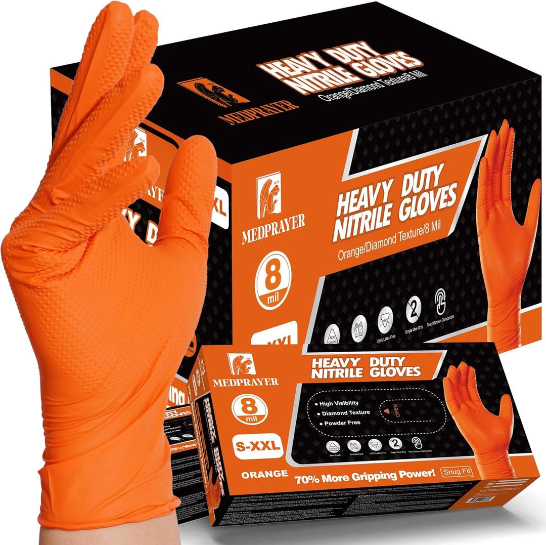 Industrial Nitrile Gloves  Heavy Duty Latex & Powder Free Disposable Gloves with Diamond Texture (Medium (Pack of 100), Orange)
