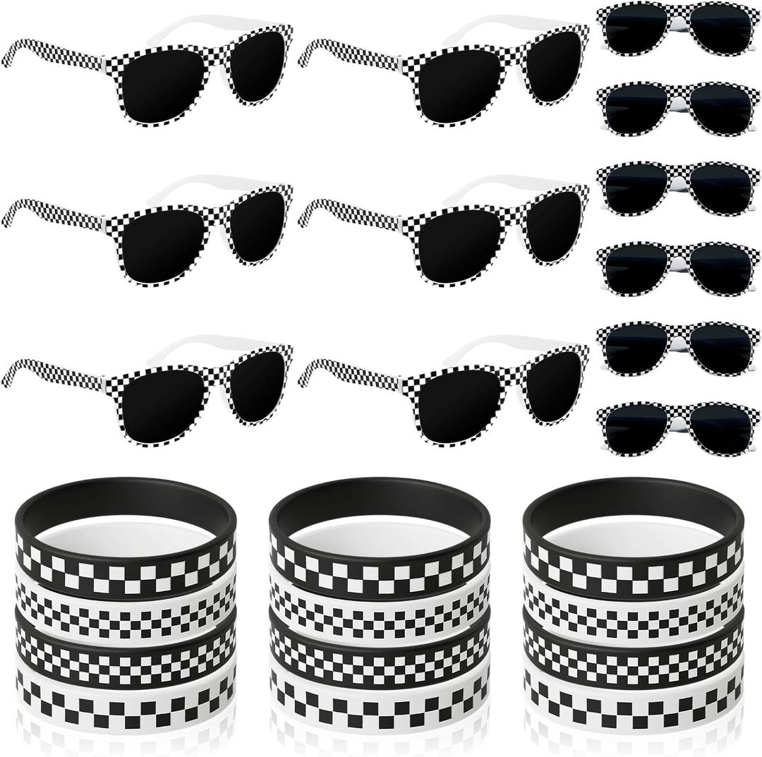 24 PCS Race Car Sunglasses Wristbands for Racing Theme Party Favors Set Race Car Checkered Sunglasses Black and White Checkered Rubber Bracelets for Summer Pool Racing Theme Birthday Gifts Supplies