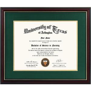 GraduationMall 11x14 Diploma Frame with Green over Gold Mat or Display 15x18 Certificate without Mat,Solid Wood & Tempered Glass,Cherry Finish with Gold Trim