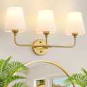 Bathroom Light Fixtures, 3-Light Brushed Gold Vanity Lights, 24.5" Bathroom Lighting Fixtures Over Mirror with White Flared Fabric Shade, Modern Wall Sconces for Bathroom Bedroom Living Room Hallway