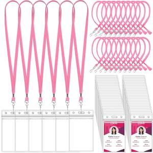 Marspark 100 Set Name Tag Lanyards with ID Holder Clear ID Name Badges Cruise Lanyards Bulk Clip Waterproof Plastic Card Holders for Adults Kids Business School Office Supplies (Pink)