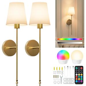 Brightown Battery Operated Wall Sconces Set of 2, Cordless Wall Lights with Rechargeable Bulbs and Remote, 12 Lighting Colors and Dimmable, Battery Powered Wall Lights for Bedroom Living Room, Gold
