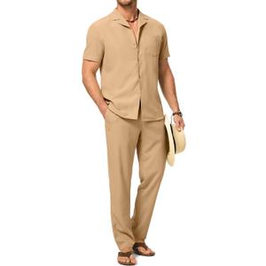 Men's Beach Outfit 2 Piece Casual Button Down Shirt Short Sleeve Loose Shirts and Pants Vacation Sets for Men (X-Large, Khaki)