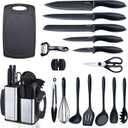 RAXCO Kitchen Utensils Set,18-Piece Cooking Tools and Sharp Knives,Stainless Steel Holder and Cutting Board (Black)