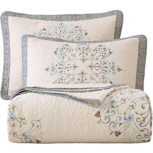 vctops Boho Floral Embroidered Quilted Bedspread Quilt Set 3-Piece Oversize Queen 100% Cotton Lightweight Reversible Coverlet for All Season (Flower,119"x118")