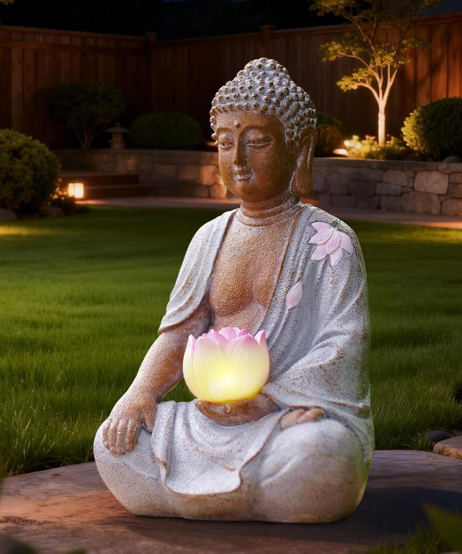 Nacome Solar Buddha Garden Statue Decor: Resin Zen Decor Waterproof Sitting Figurine with Lotus Flower Light Design for Outside Patio Lawn Yard Balcony - 8.3 inches (White)