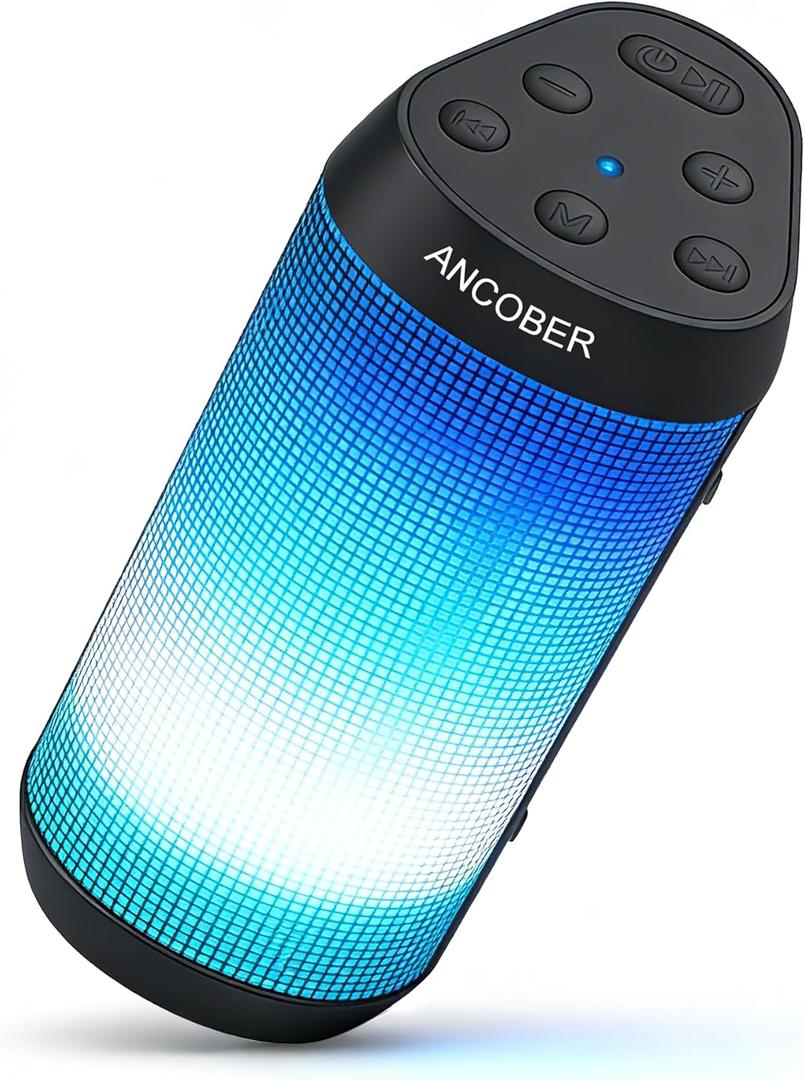 Portable Wireless Bluetooth Speaker with HD Powerful Stereo Sound, 8 Cool LED Light Modes, IPX4 Waterproof, 30H Playtime, TWS Pairing, BT5.3 with AUX-in, for Outdoor/Home/Party, Ideal Gift (Black)