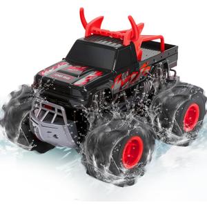 BainGesk Remote Control Monster Truck Toys, 1:16 Amphibious Waterproof RC Car, 2.4GHz 4WD All Terrain Toys with 2 Rechargeable Batteries, Off-Road Truck Gifts for 6 7 8 9 10 11 12 Year Old Boys (Red)