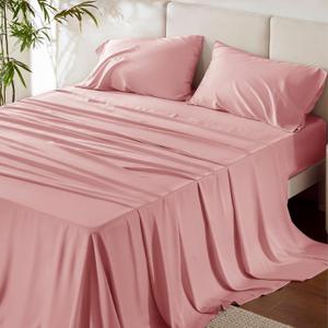 Bedsure Full Size Bed Sheets, Cooling Sheets for Full Size, Rayon Derived from Bamboo, Breathable & Soft Deep Pocket Up to 16 Inches, Hotel Luxury Silky Bedding, Bedsheet & Pillowcases, Blush Pink
