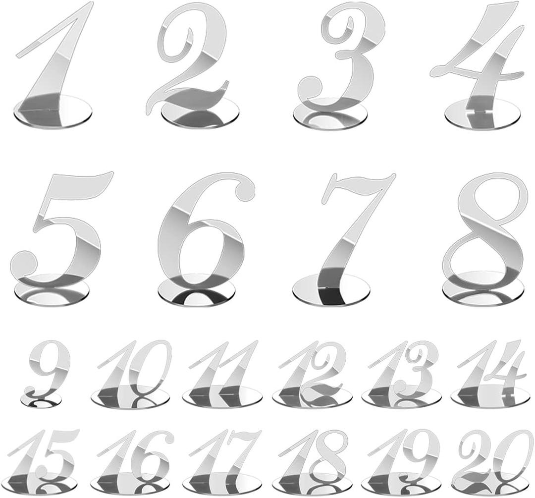 Rely2016 Mirrored Table Number, 1-20 Wedding Table Numbers Stands with Holder Base Acrylic Table Numbers Place Card Holders Reception Dcor for Wedding Banquet Birthday Party Event Catering (Silver)