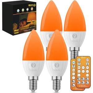 E12 Amber Sleep Light Bulbs 1600K with Remote Control, Candelabra Blue Light Blocking Light Bulbs, 5W for Sleep Therapy, Baby Nursery, Bedroom (4 Packs)