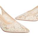 SUIARA Beige Lace Wedding Heels for Women Bridal Kitten Heels Mesh Slingback Bride Shoes Closed Pointed Toe Dressy Pumps. 5.5 Size