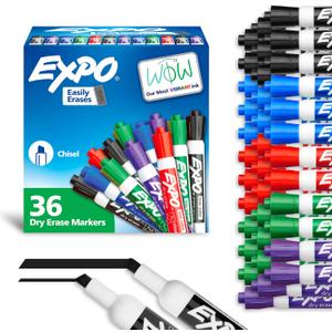 EXPO Low Odor Dry Erase Markers Chisel Tip Assorted Colors Pack of 36 - Ideal for Classrooms Offices & Home Offices