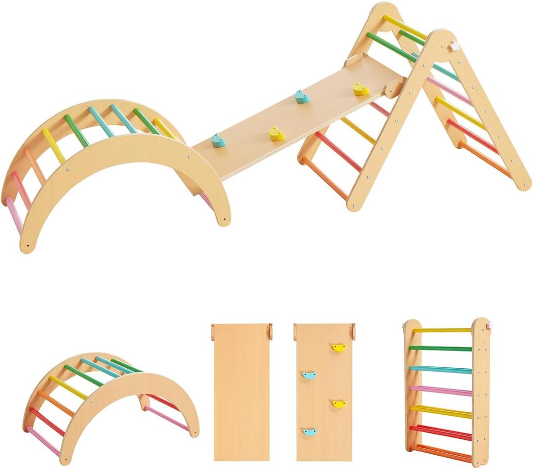 Beright 4 in 1 Pikler Triangle Gym, Montessori Foldable Climber with Ramp, Indoor Climbing Toys for Kids, Climbing Triangle for Toddlers Arch Climber, Rocker, Learning Waldorf Children Toy, Rainbow (Colored)