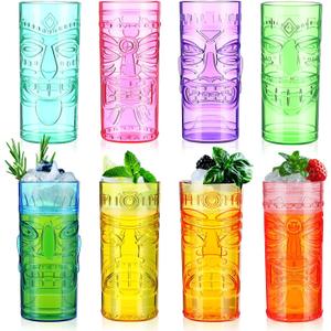Geelin 8 Pack Plastic Tiki Cups 26 oz Tiki Bar Mugs for Cocktails Extra Large Luau Party Cups Hawaiian Exotic Cocktails Glasses for Tropical Island Drinks Hawaiian Luau Party Barware