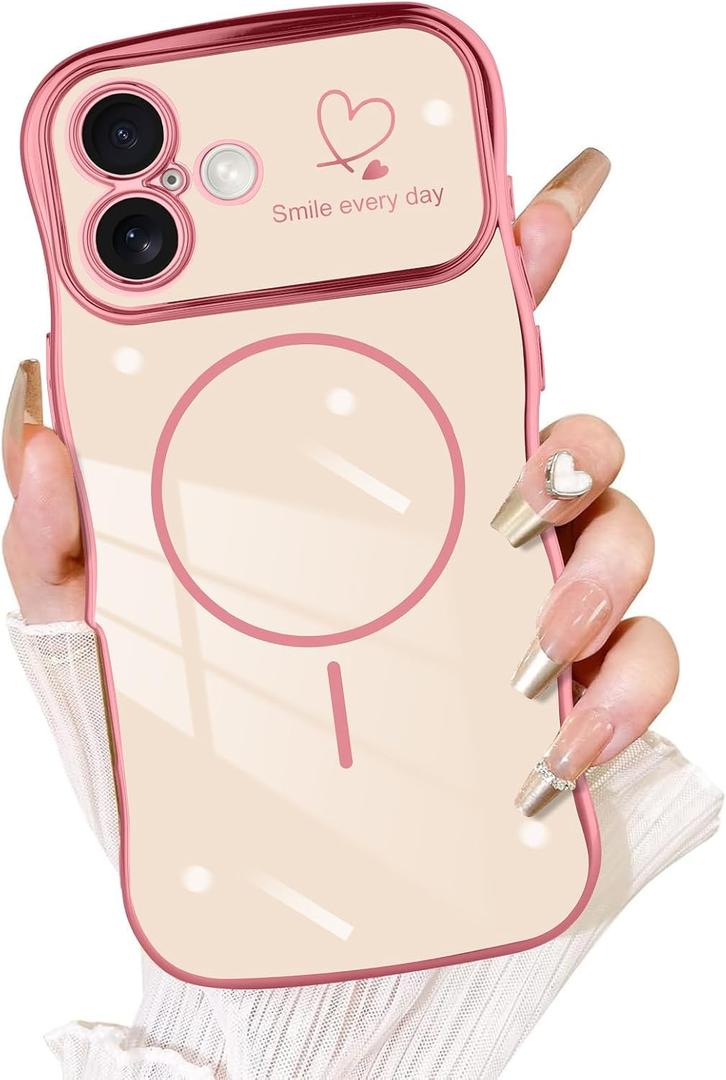 Fiyart Designed for iPhone 17 Case 2025, Cute Wave Frame Curly Shape Love Hearts Plating for Women Girls Camera Protection Compatible with MagSafe Magnetic Shockproof Bumper 6.3"-Pink