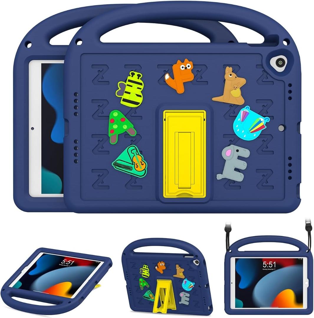Kids Case for iPad 9th/8th/7th Generation 10.2 Inch 2021/2020/2019, with Built-in Anti-Slip Handle/Foldable Stand/Shoulder Strap, Shockproof Protective Kids iPad 9th/8th/7th Gen Case 10.2 Inch (Navy Blue)