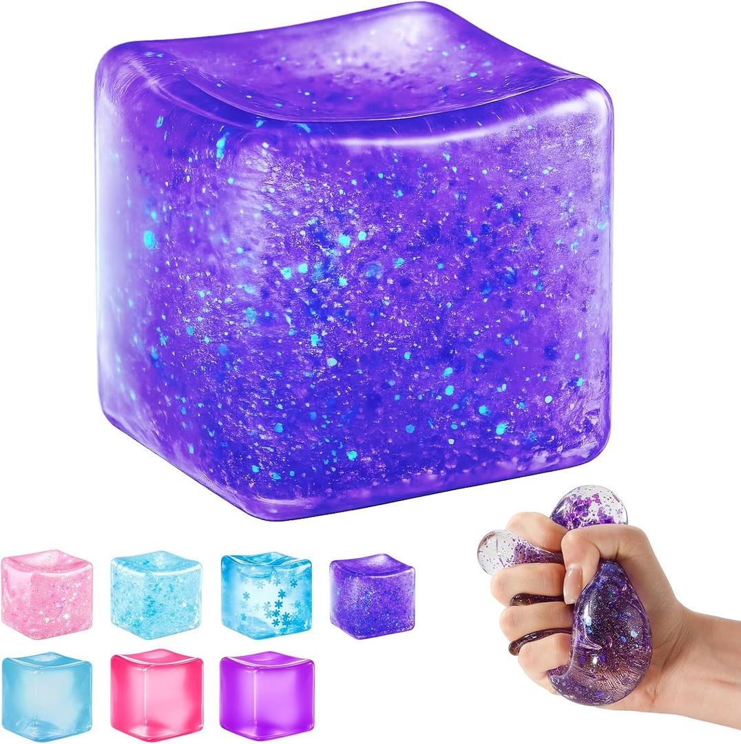 Ice Cube Squishy Fidget Toy, Slow Rise Squeeze Sensory Toy Stress Ball for Office Desk Anxiety Relief, Focus & Calm Novelty Gift for Teens - Purple Glitter
