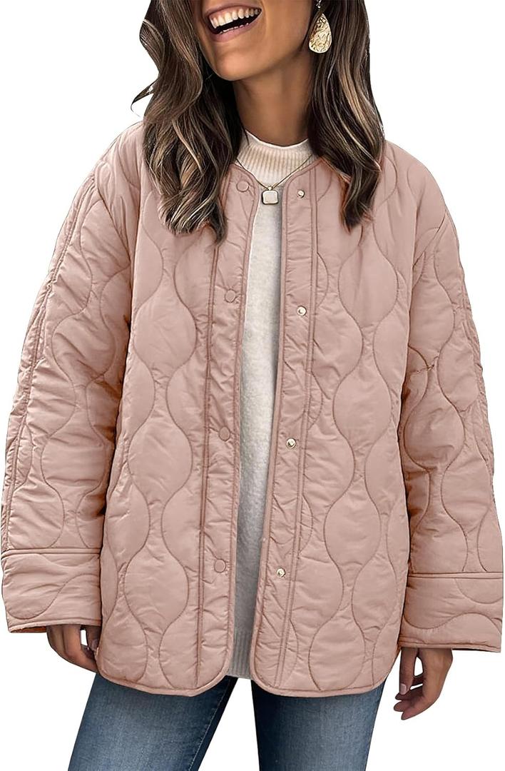 PEHMEA Women's Oversized Lightweight Quilted Jacket Button Down Fall Winter Coats Puffer Padded with Pockets (Pink), S