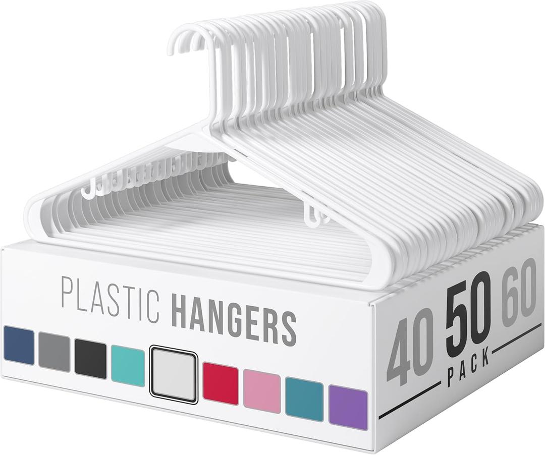 Plastic Hangers 50 Pack White - Clothes Hangers - Makes The Perfect Coat Hanger and General Space Saving Clothes Hangers for Closet - Percheros Ganchos para Colgar Ropa Hangars