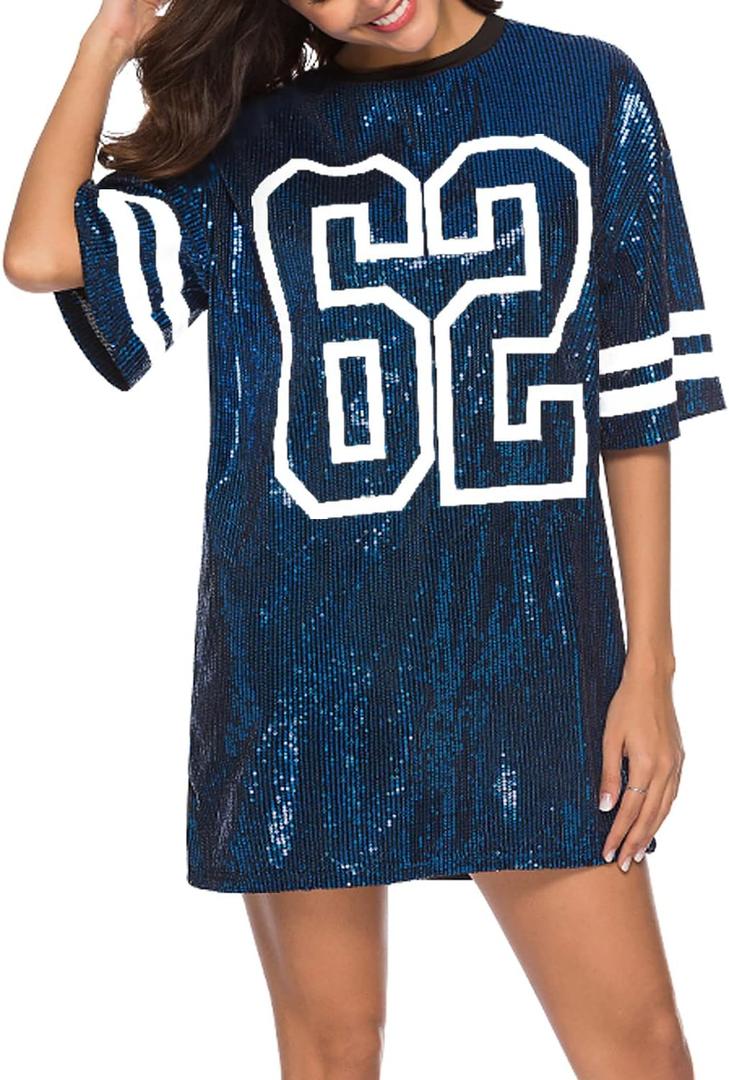 Nagfar Women Sequin Short T-Shirt Dress One Piece Set Birthday Party Short Sleeve Sports Casual Sexy Club Night Out Clubwear (Large, A Blue)