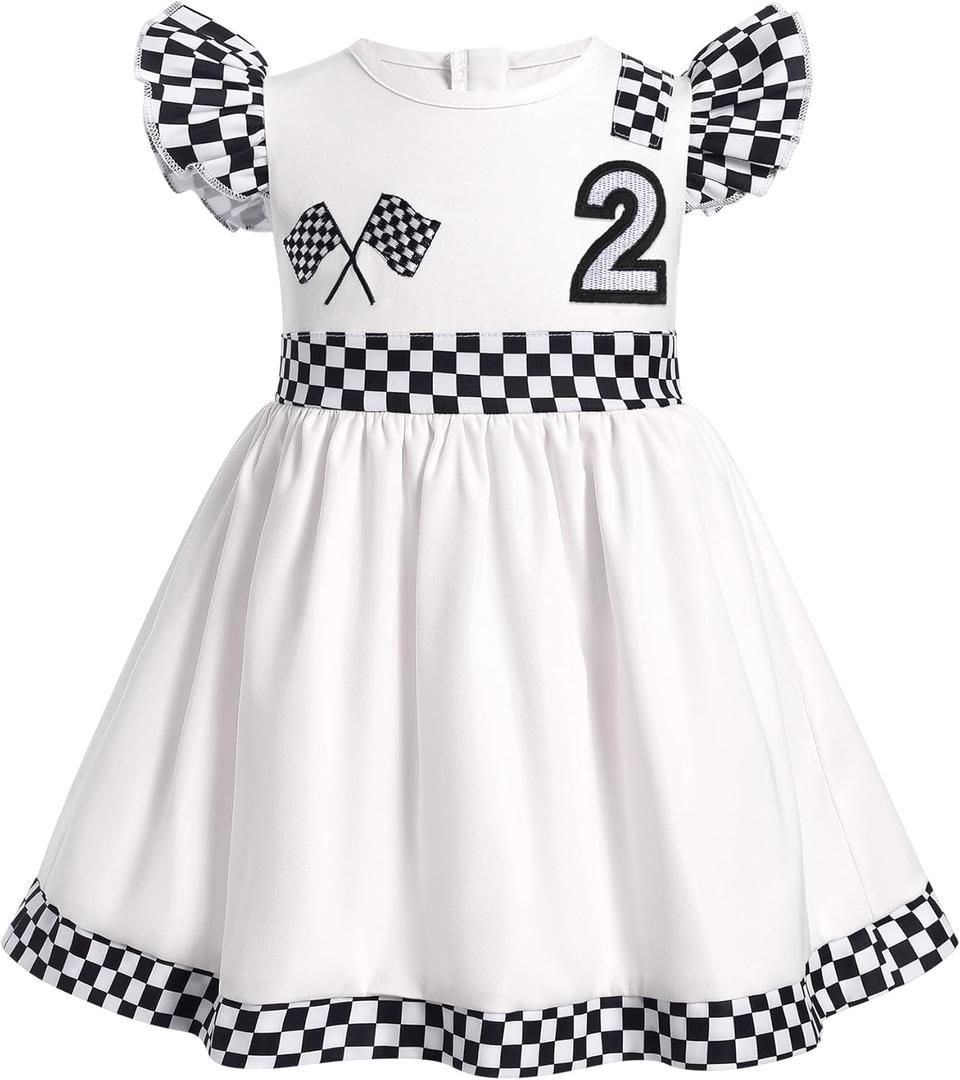 IBTOM CASTLE Baby Girl 1st 2nd Birthday Outfit Race Car Birthday Cake Smash Photoshoot Racer Dress Suit (White)